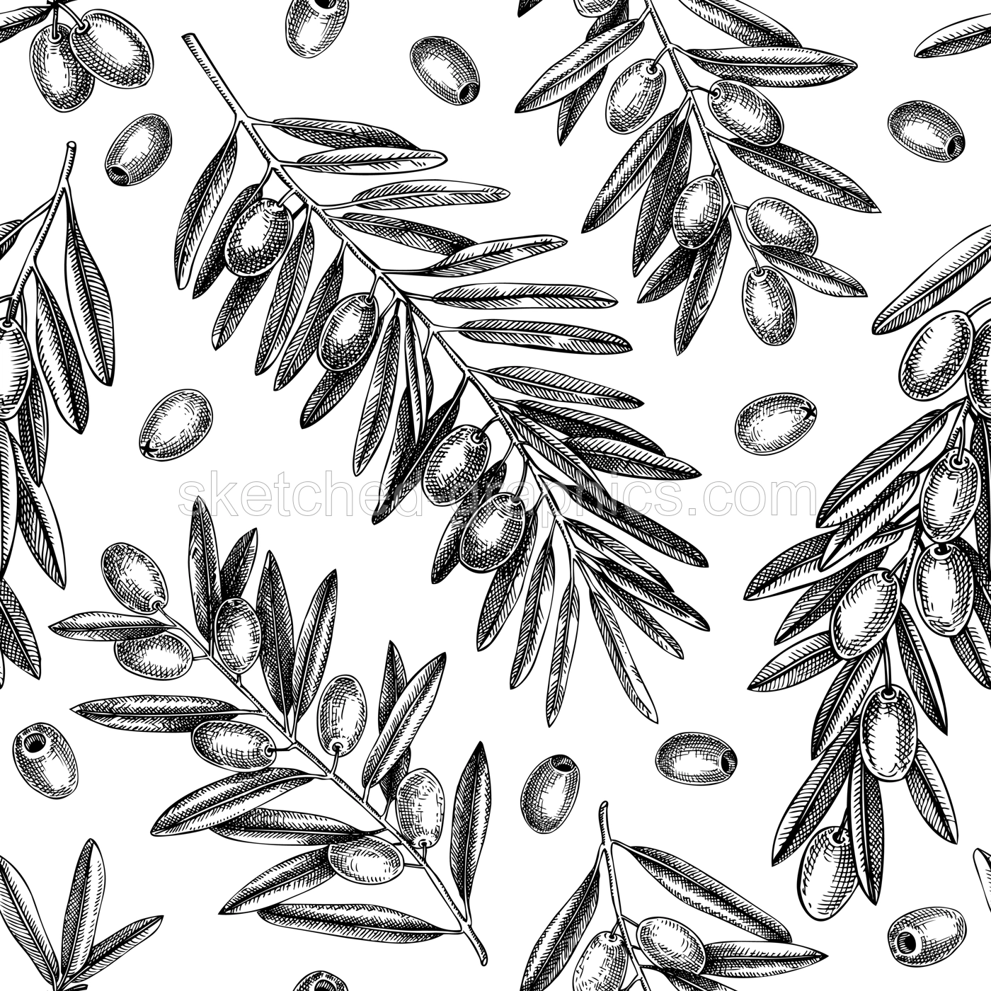 Olive branch seamless pattern. Vector background with leaves, berries and fruits sketches in vintage style. Vegetable oil ingredients backdrop. Olive tree texture for print or packaging design Illustration